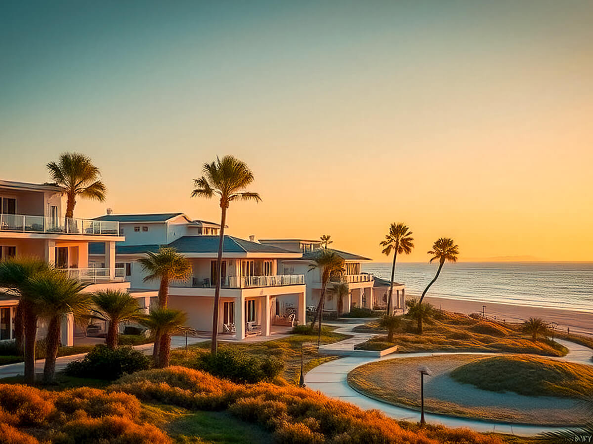 Vista de una zona costera moderna al atardecer, con propiedades frente al mar, palmeras y ambiente tranquilo, ideal para invertir en bienes raíces.
