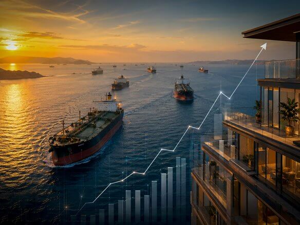 Vista aérea del estrecho de Ormuz con buques petroleros y gráfica de inversión inmobiliaria al fondo