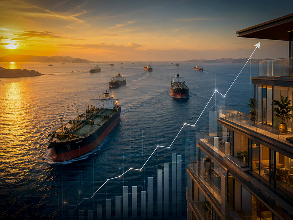Vista aérea del estrecho de Ormuz con buques petroleros y gráfica de inversión inmobiliaria al fondo