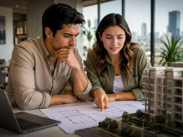 Joven pareja mexicana revisando planos de un inmueble en preventa en México