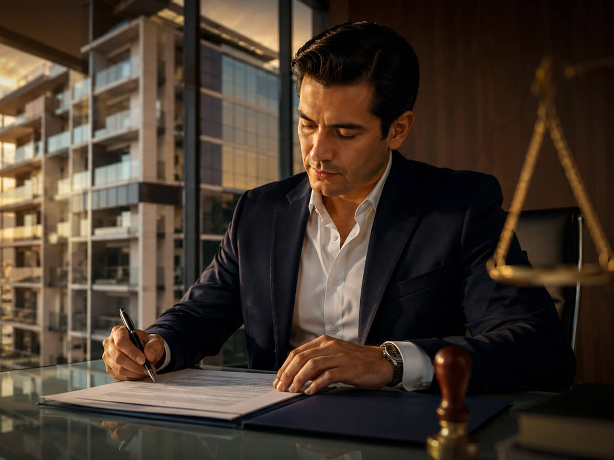 Profesional inmobiliario revisando documentos legales antes de firmar una escritura en México