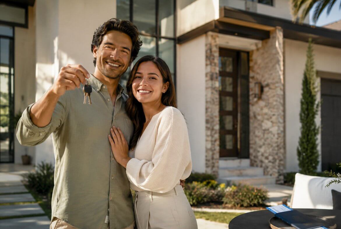 Pareja joven frente a una casa de lujo recién comprada en Florida, ejemplo de que la compra de propiedad no otorga residencia migratoria