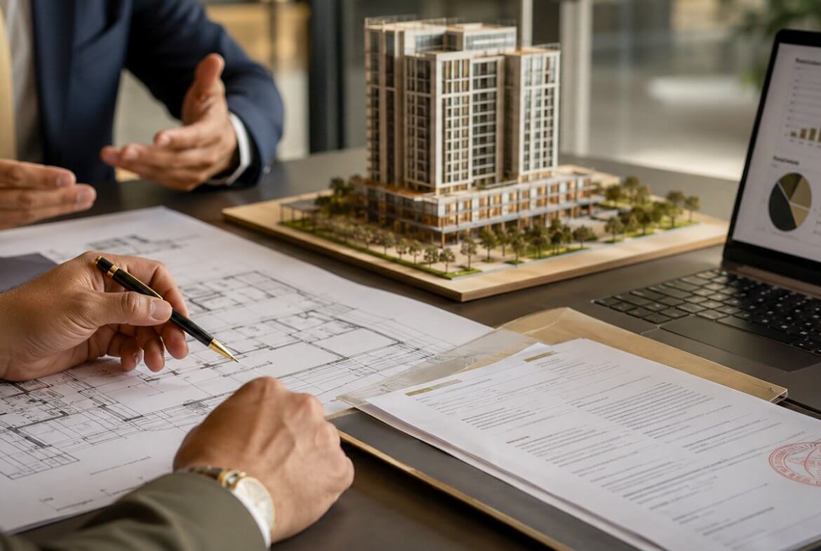 Inversionista revisando planos y documentos de aprobación de un proyecto inmobiliario comercial que cumple los requisitos del programa EB-5
