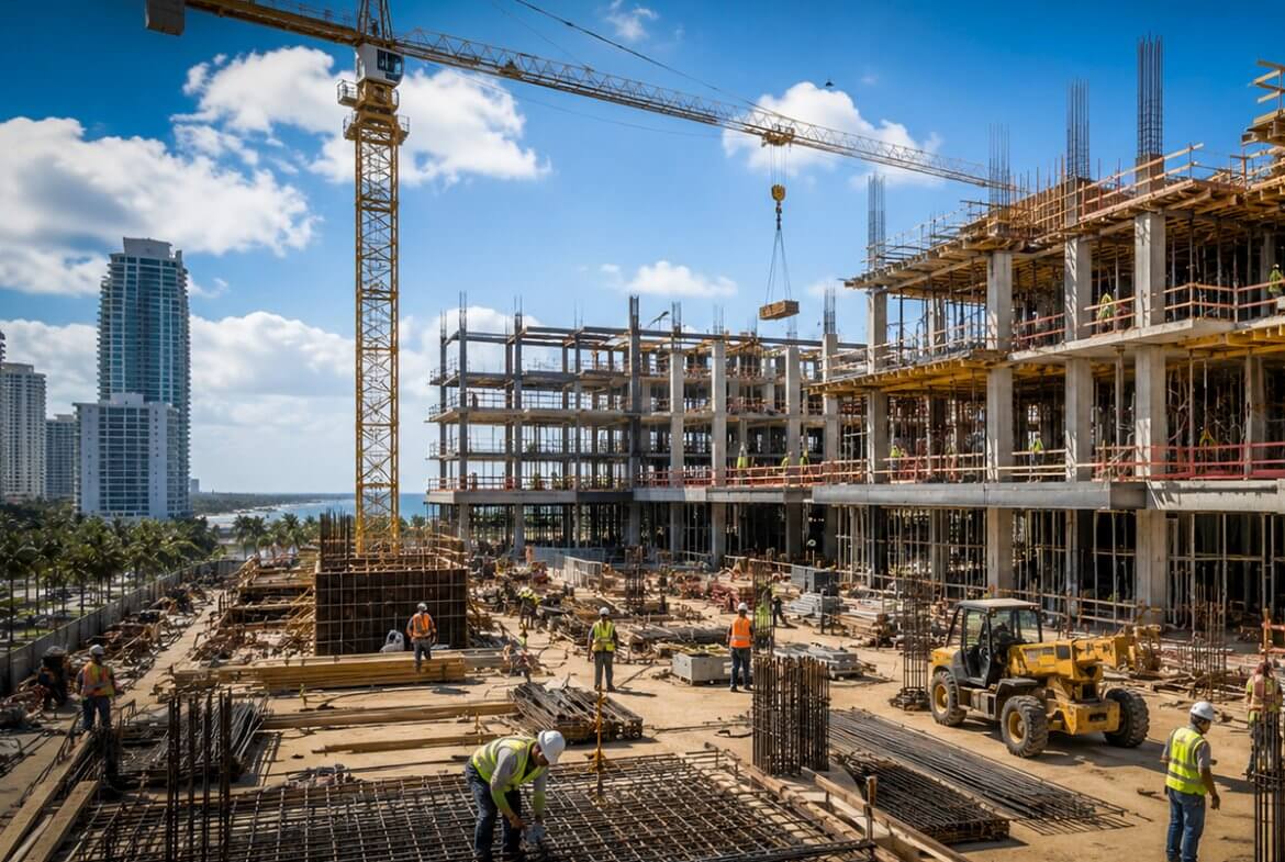Obreros trabajando en la construcción de un desarrollo hotelero, ejemplo de proyecto que genera empleo y califica para inversión EB-5